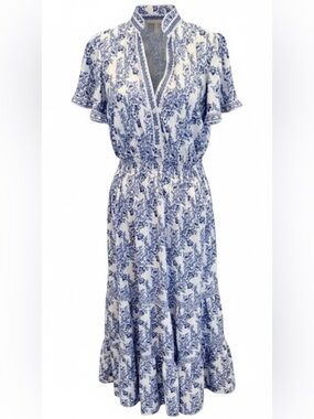 Max Studio Blue and White Patterned Tiered Maxi Dress. Flutter sleeves